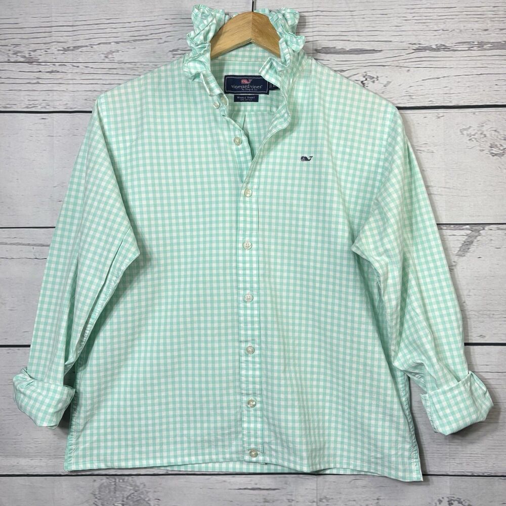 Vineyard Vines Mint Gingham Ruffle-Collar Button-Down Blouse